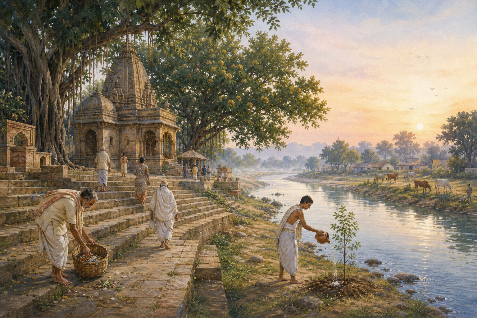 Devotees care for a riverside pilgrimage place near stone steps, trees and a Vaishnava temple in the morning mist.