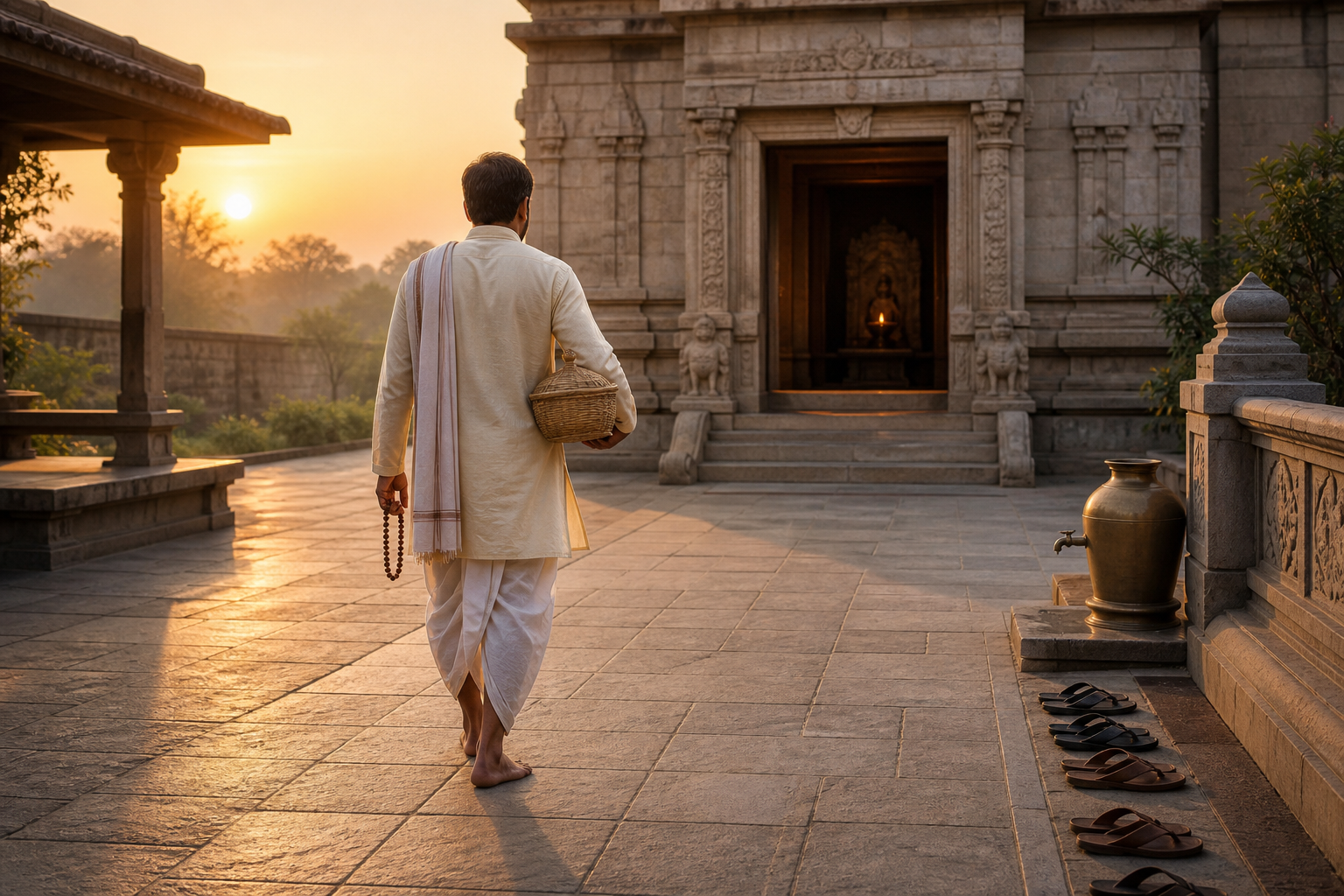 A pilgrim carrying a covered offering basket walks across a temple courtyard toward a softly lit entrance at sunrise.