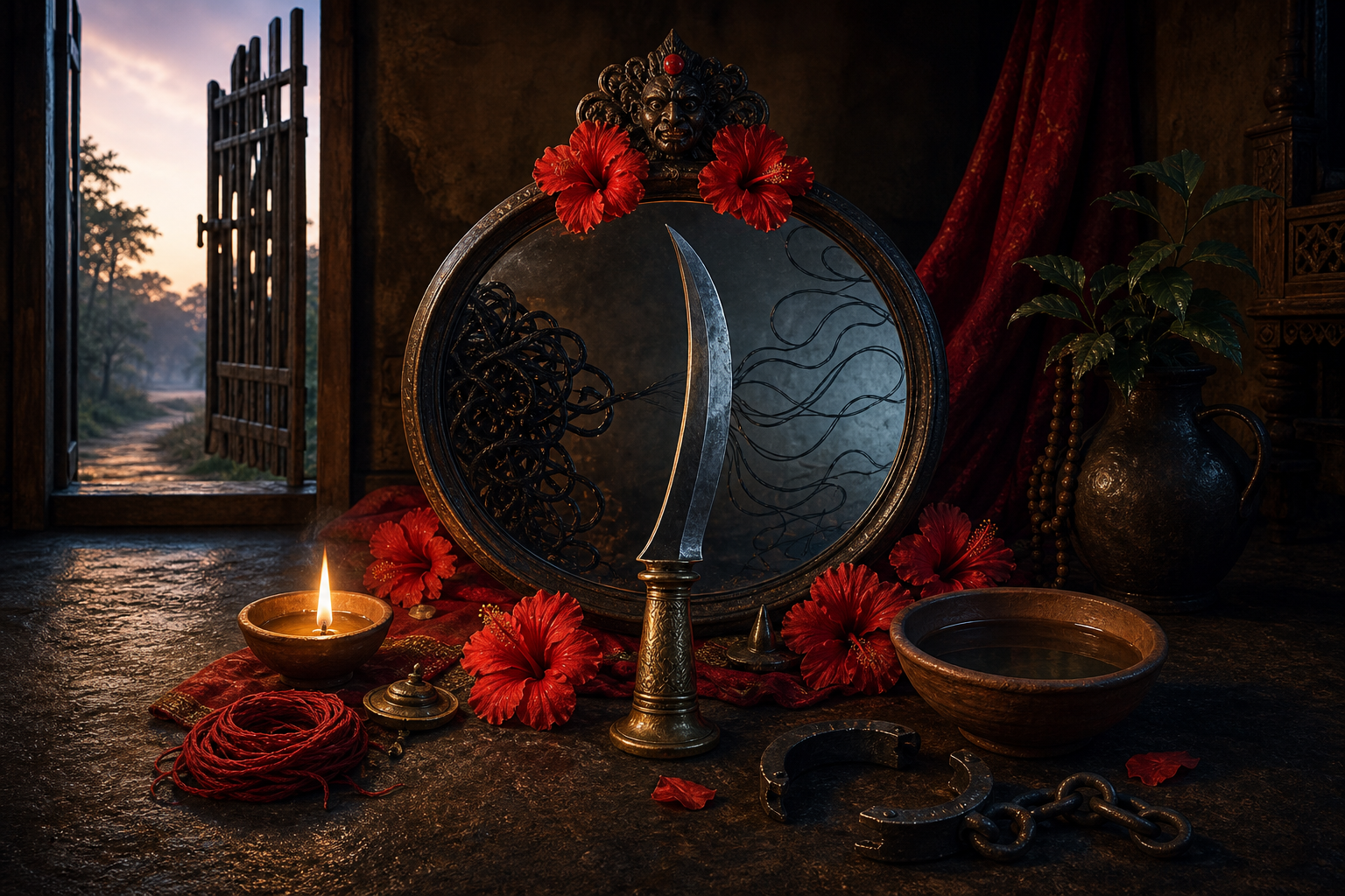 A curved ritual sword, mirror, hibiscus flowers, oil lamp, loosened cords, broken shackle, and open gate form a symbolic still life inside a Bengali shrine.