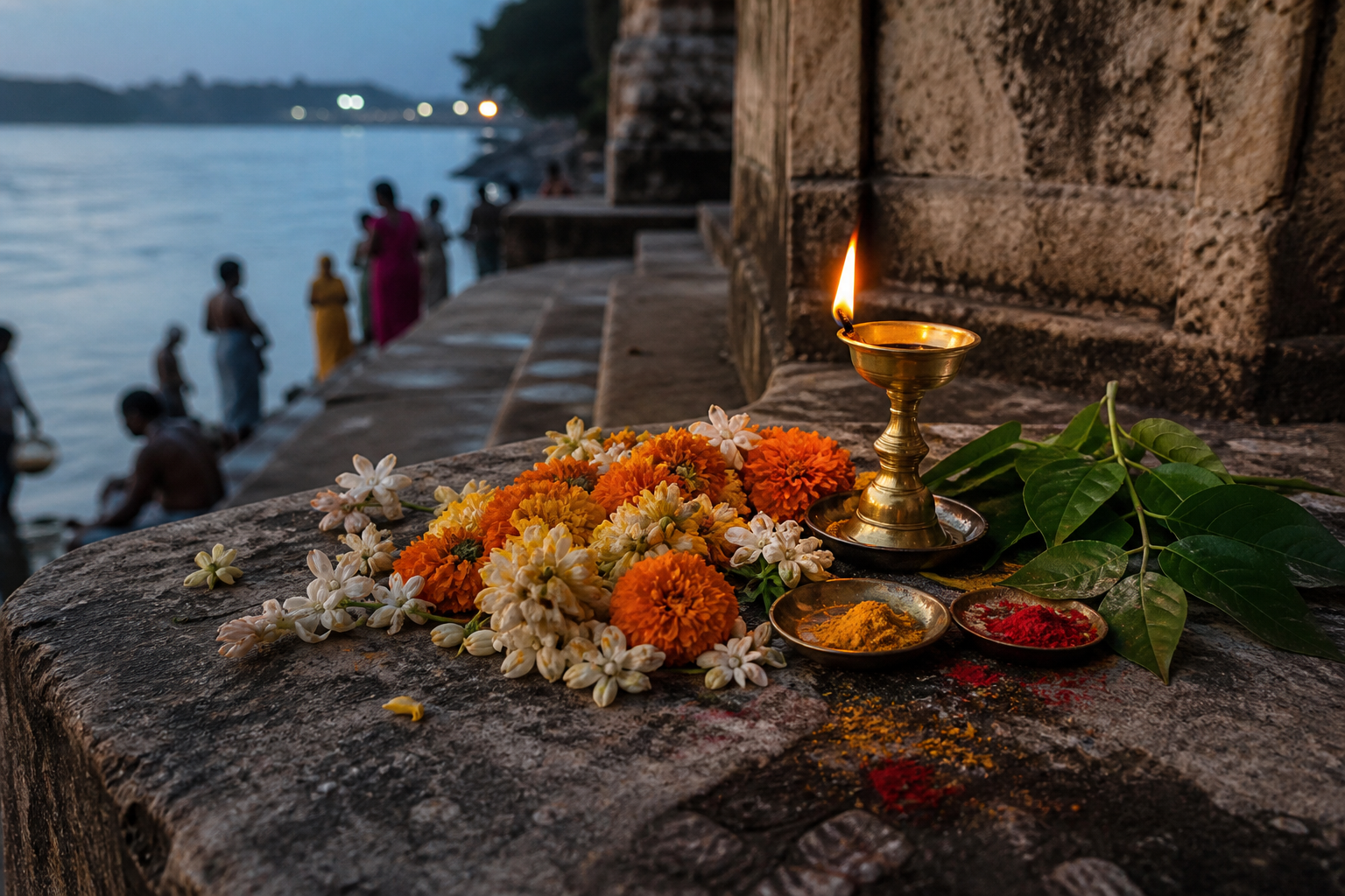 Marigolds, jasmine, a brass oil lamp, turmeric, and vermilion rest on weathered stone steps beside a flowing river.