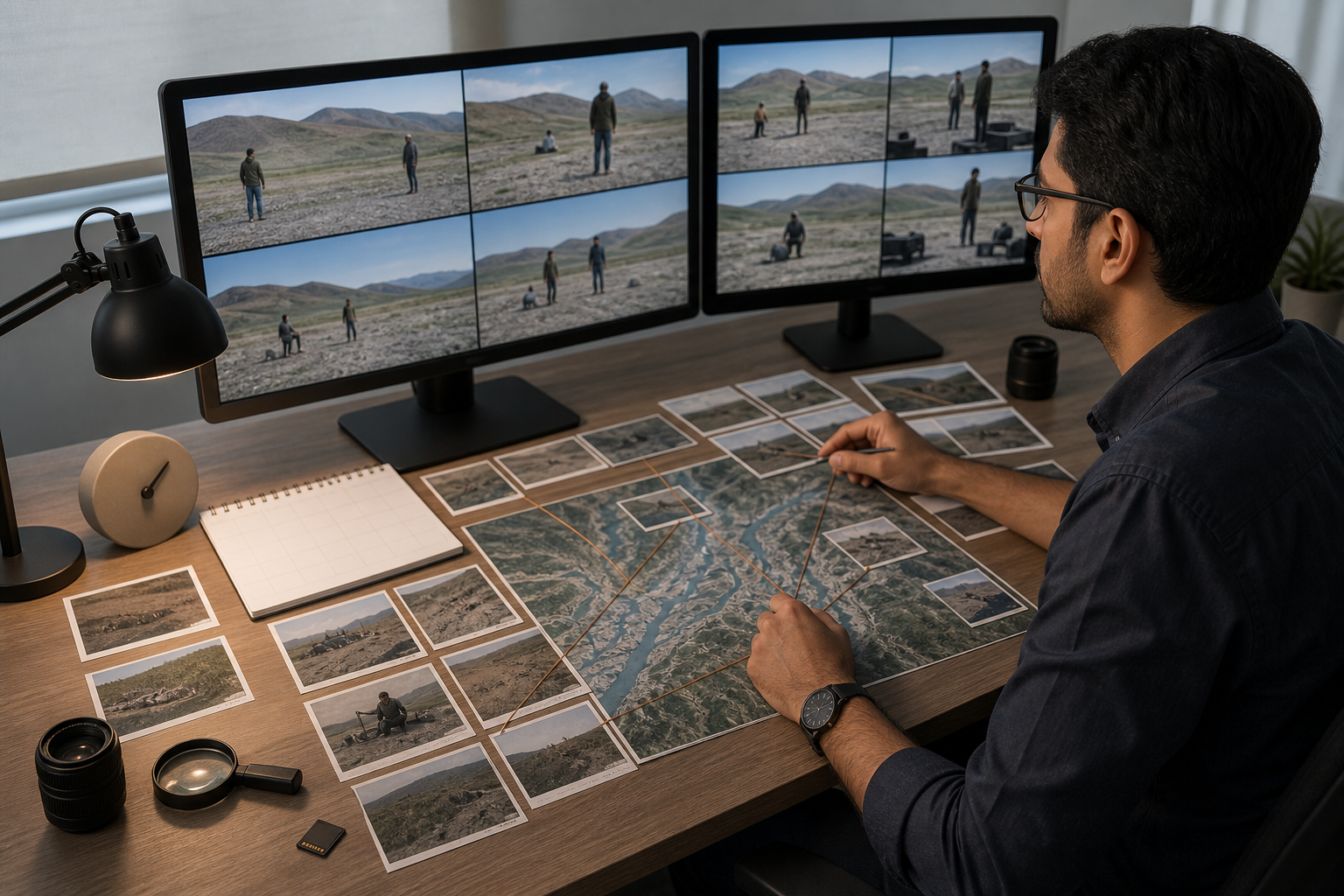 A researcher compares video frames, landscape clues, time indicators, and an unlabeled map at an investigative desk.