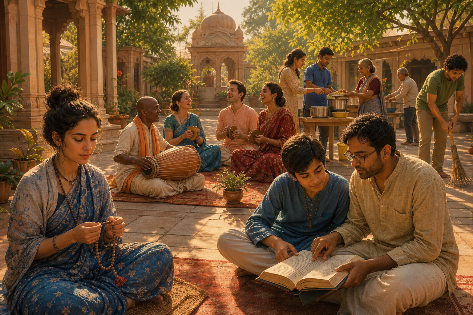 Vaishnava devotees chant on beads, study together, sing kirtan and serve food within the same sunlit temple courtyard.