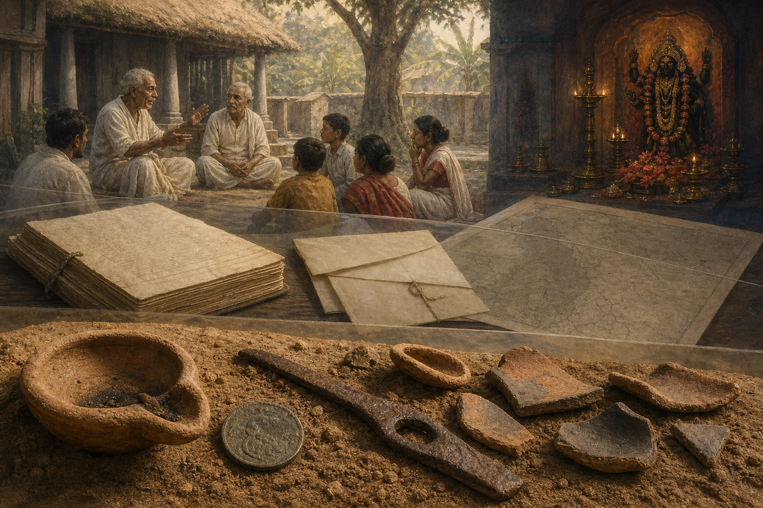 Four overlapping layers show archaeological objects, unreadable historical records, village storytelling, and a lamp-lit Kali shrine as distinct forms of historical memory.