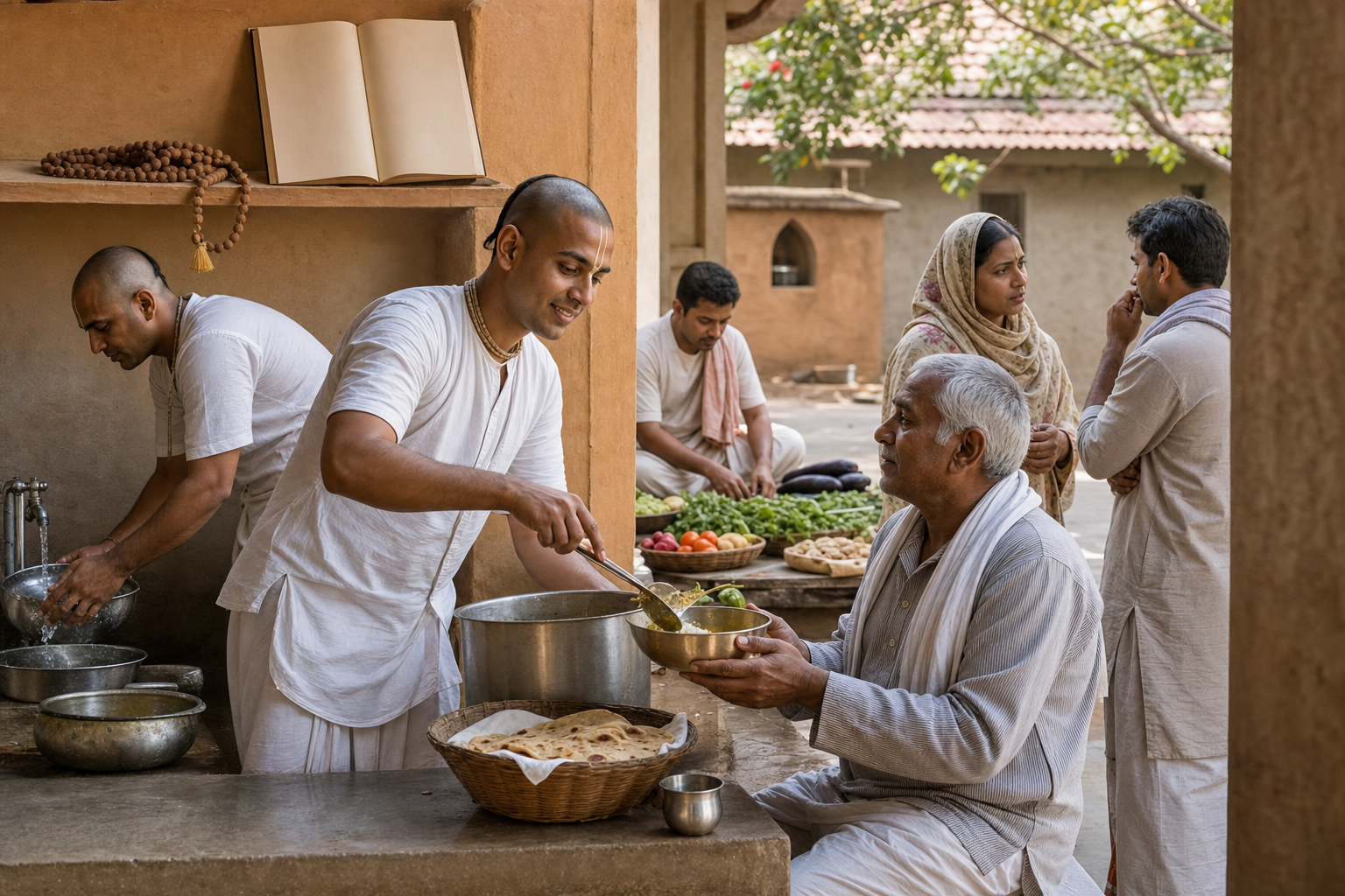 Volunteers serve an elderly guest, wash dishes, prepare vegetables and listen to a neighbor in a community kitchen courtyard.