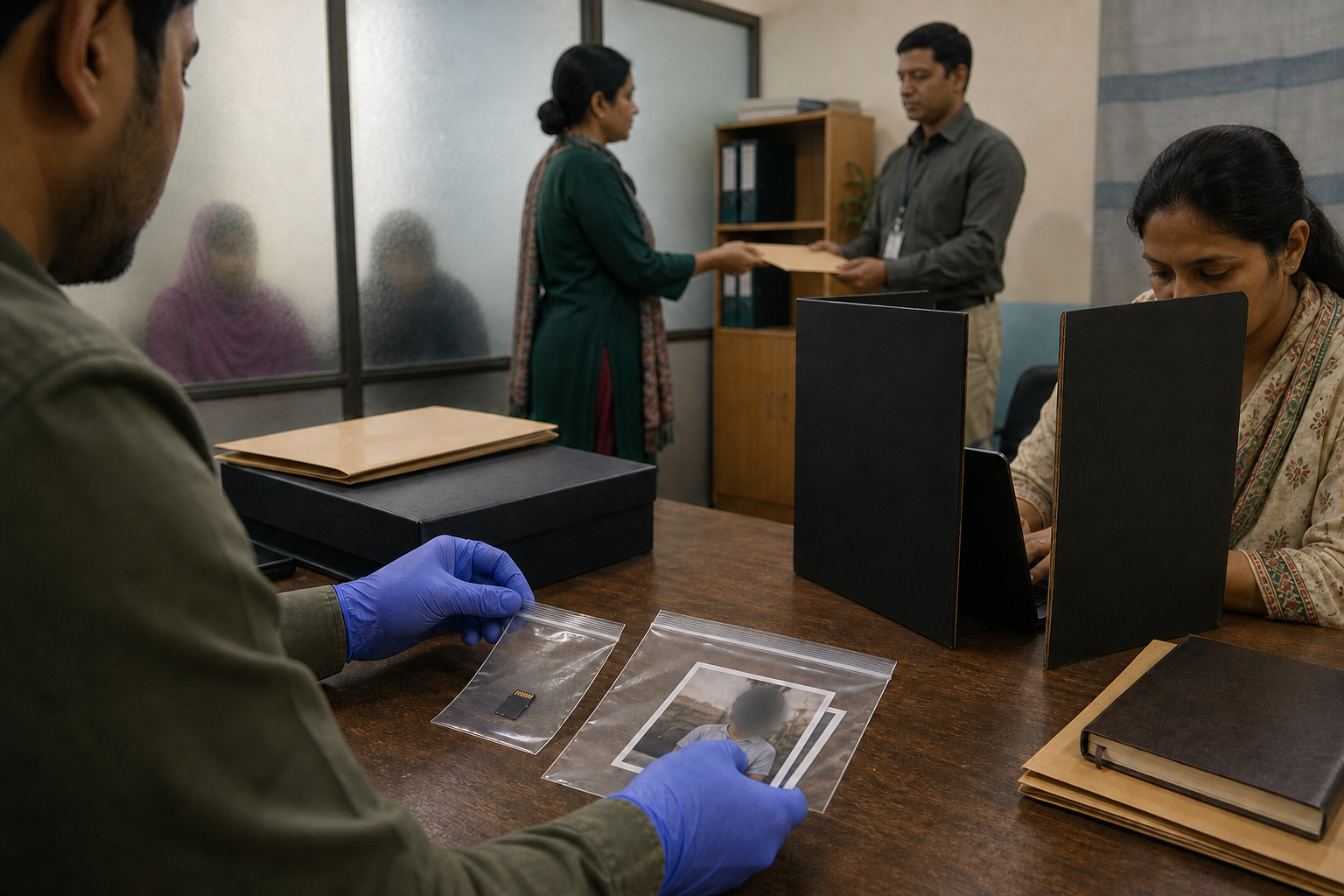 Evidence is sealed in protective sleeves while witnesses remain concealed behind frosted glass during a confidential handoff.