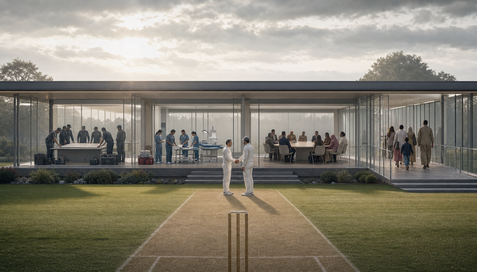 Two anonymous cricket captains shake hands on a pitch while security, medical, community, and family preparations continue in a pavilion behind them.