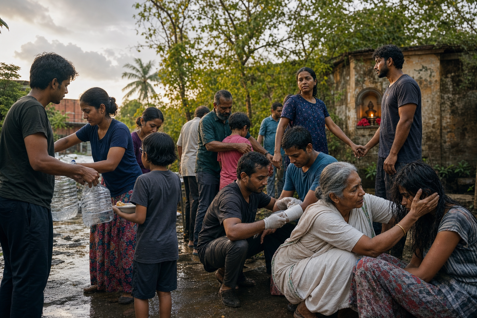 Community volunteers distribute food and water, provide first aid, listen to a distressed neighbor, and protect families in a rain-washed courtyard with a small lamp and hibiscus in the background.