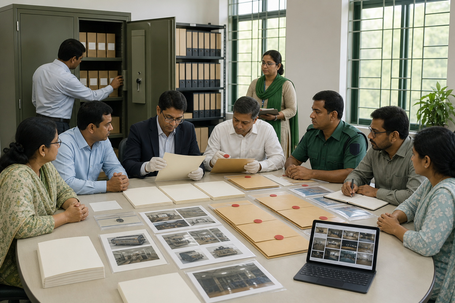 Officials, a journalist, and community observers review permits, records, photographs, and sealed evidence in a civic meeting room.