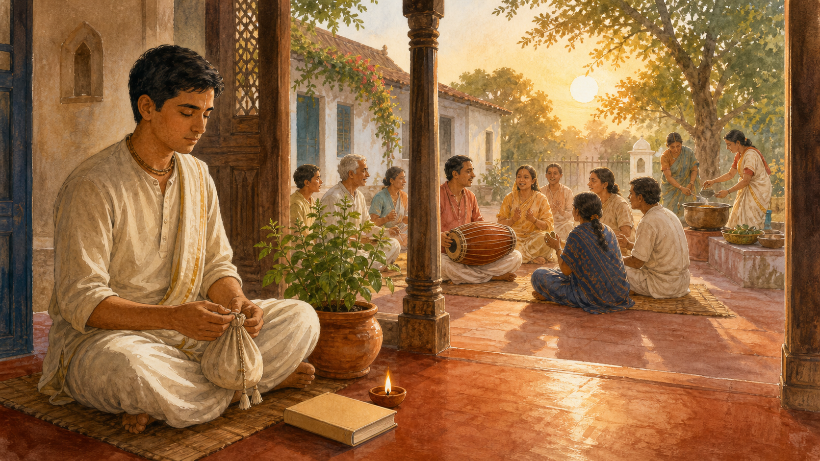 A practitioner chants with beads in a sunrise courtyard while a nearby community sings kirtan, studies, and prepares food for service.