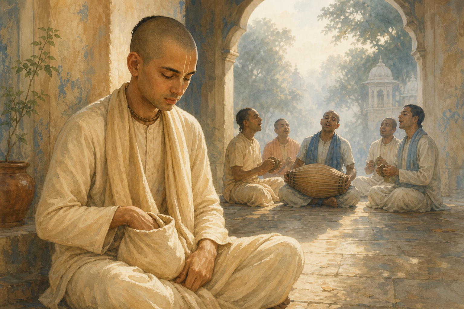 A seated practitioner chants japa in the foreground as a small kirtan group sings with a drum and hand cymbals beyond an archway.