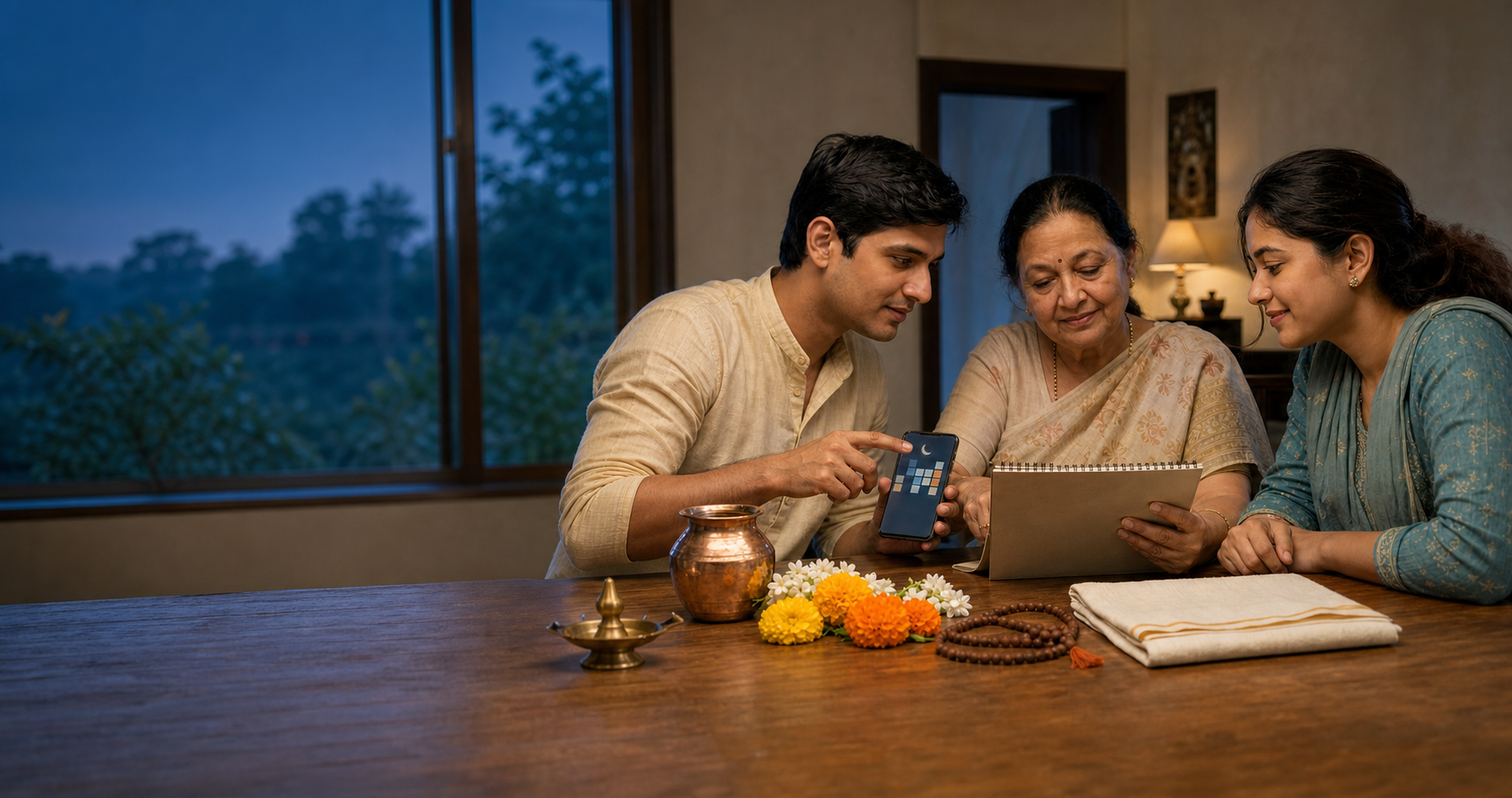 A multigenerational Hindu family compares a phone and paper calendar beside a brass lamp, flowers, prayer beads, and a copper vessel.
