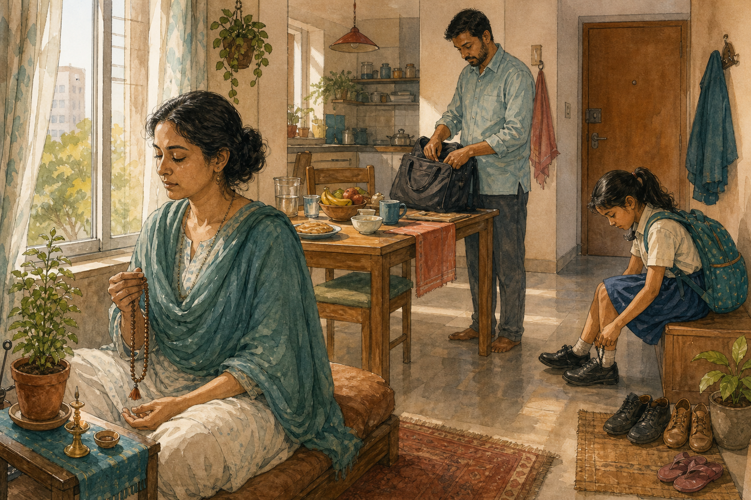 A household begins the day as one adult chants with beads near a window while family members prepare for work and school.