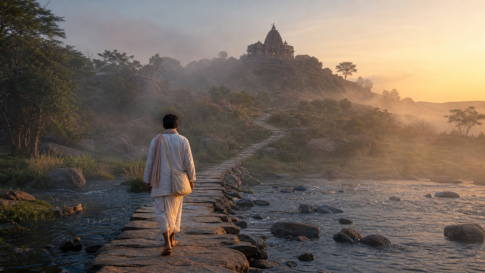 A pilgrim carrying a small cloth bag walks across a shallow river toward a misty hilltop temple at sunrise.