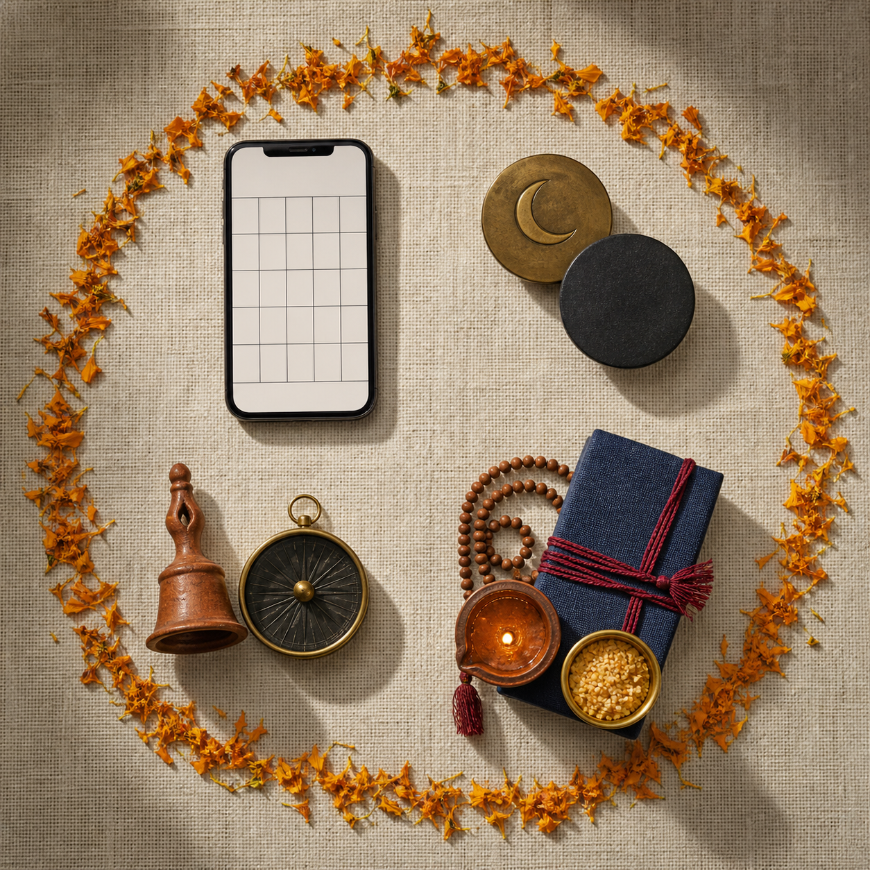 Four groups of objects symbolize a civil day, lunar timing, local place, and the intended form of Hindu observance.