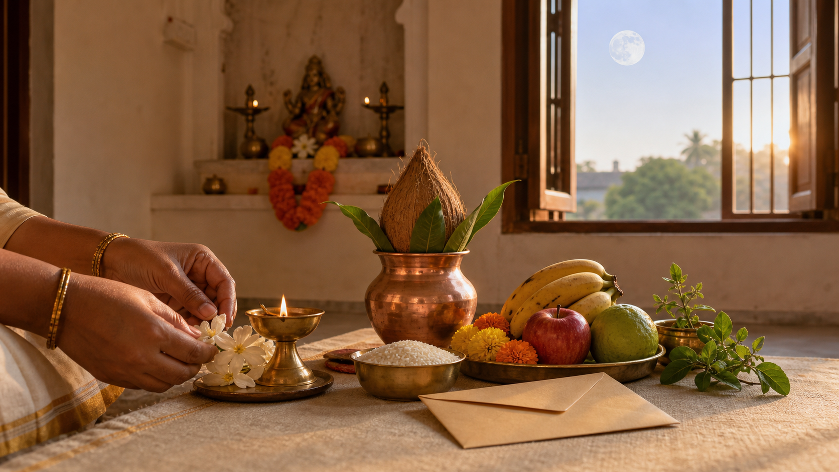 Hands arrange flowers and offerings beside a brass lamp and kalash at a home altar while a full moon is visible in the morning sky.