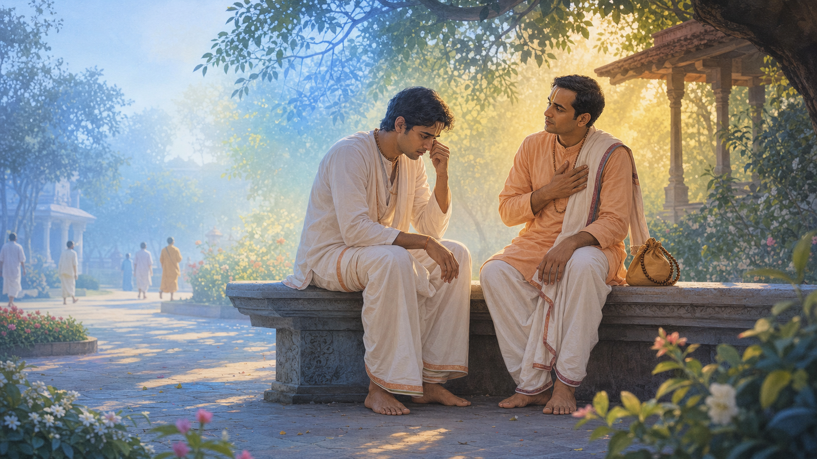 Two devotees sit together in a temple garden, with one speaking in distress while the other listens calmly with a bead bag beside them.