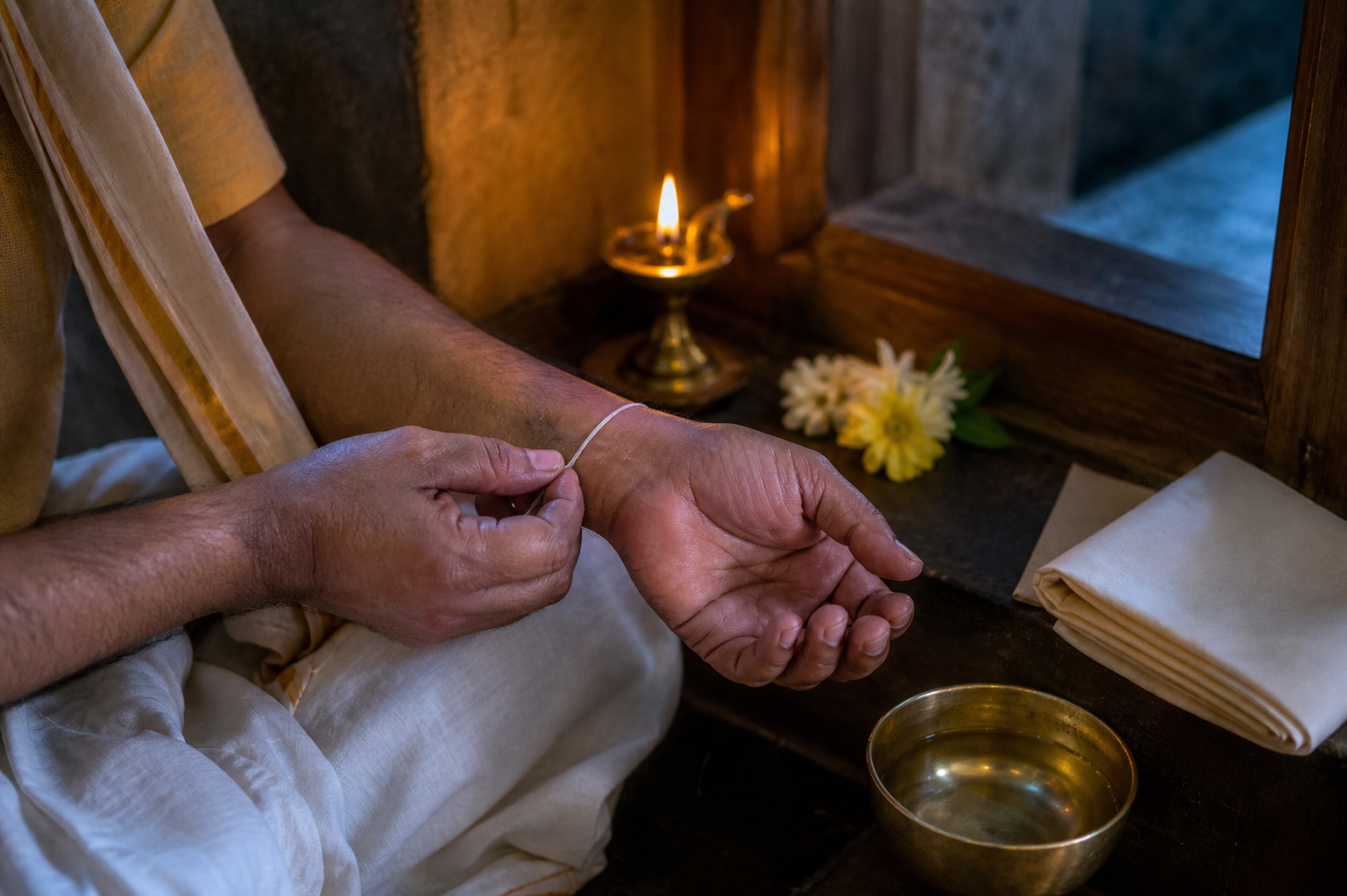 A seated pilgrim ties a plain thread around their wrist beside an oil lamp, water bowl, and fresh flowers.