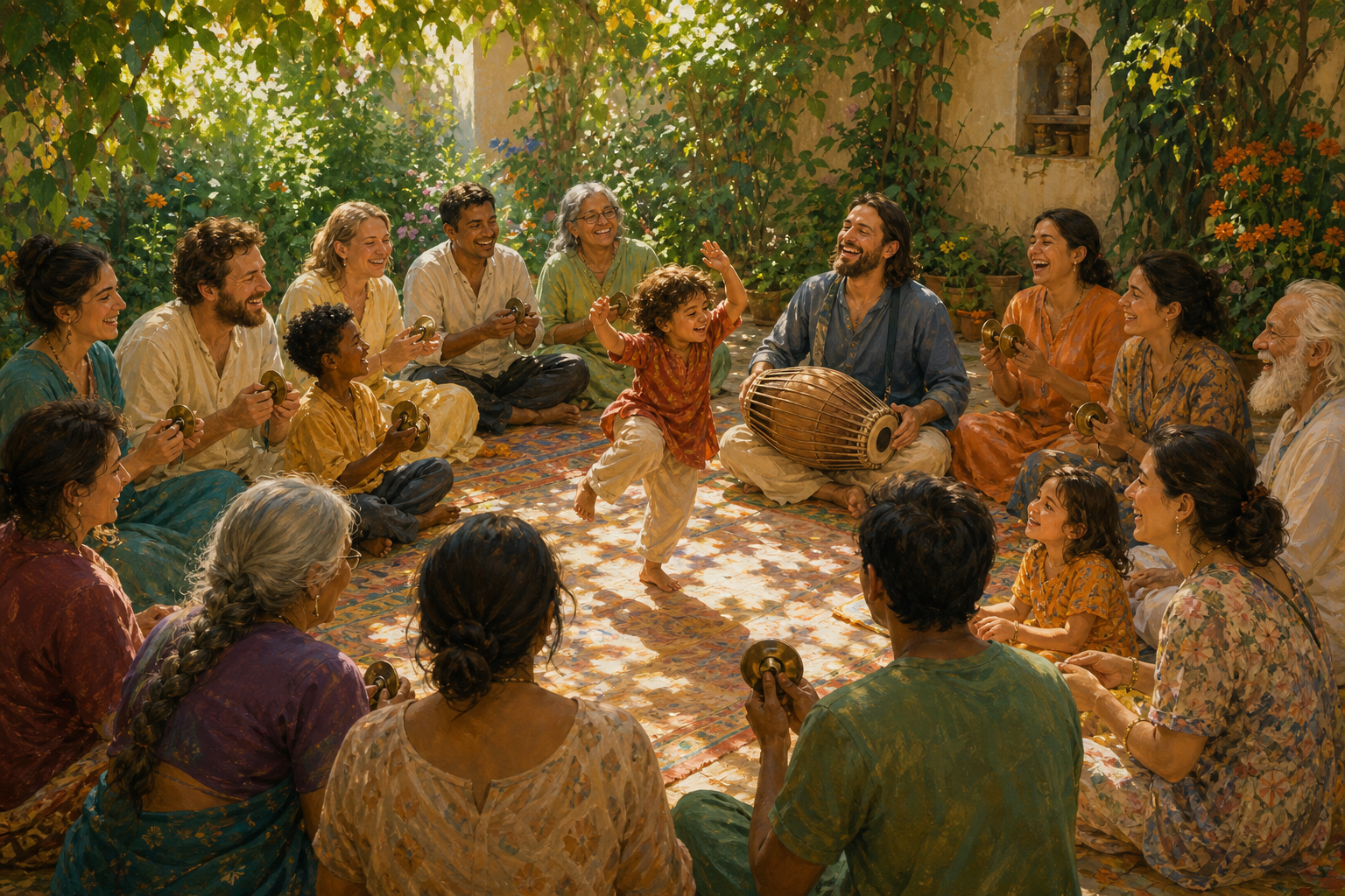 Adults, an elder, and a child share laughter during an outdoor kirtan with a clay drum and hand cymbals.