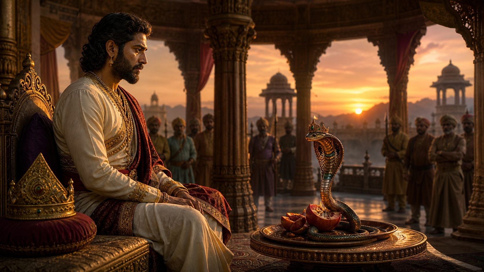 King Parikshit sits in a guarded pavilion as Takshaka emerges in serpent form from an opened fruit on a bronze tray.