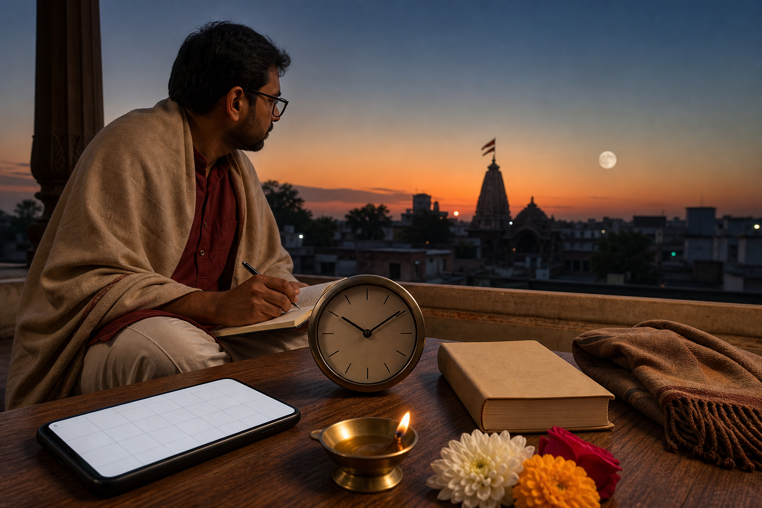 A devotee checks a phone, an unlabeled clock, and a closed calendar book while the moon appears above a neighborhood temple at dusk.