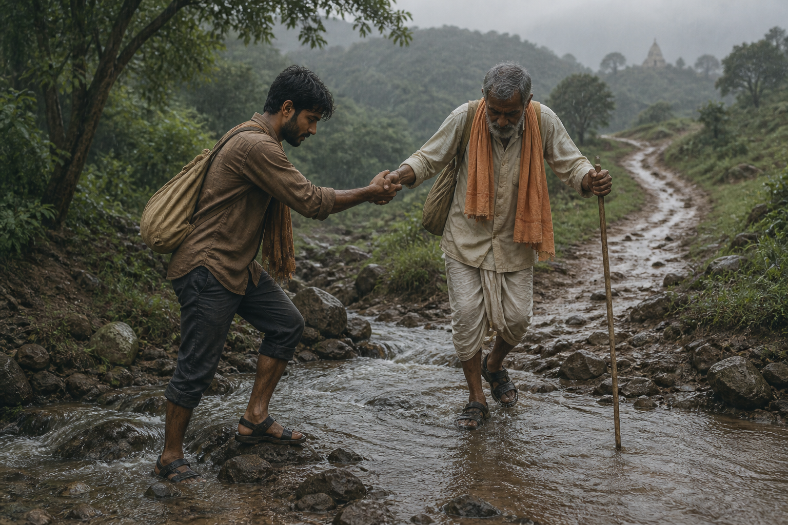 A younger pilgrim helps an older companion cross a muddy stream on a rain-soaked path toward a distant temple.