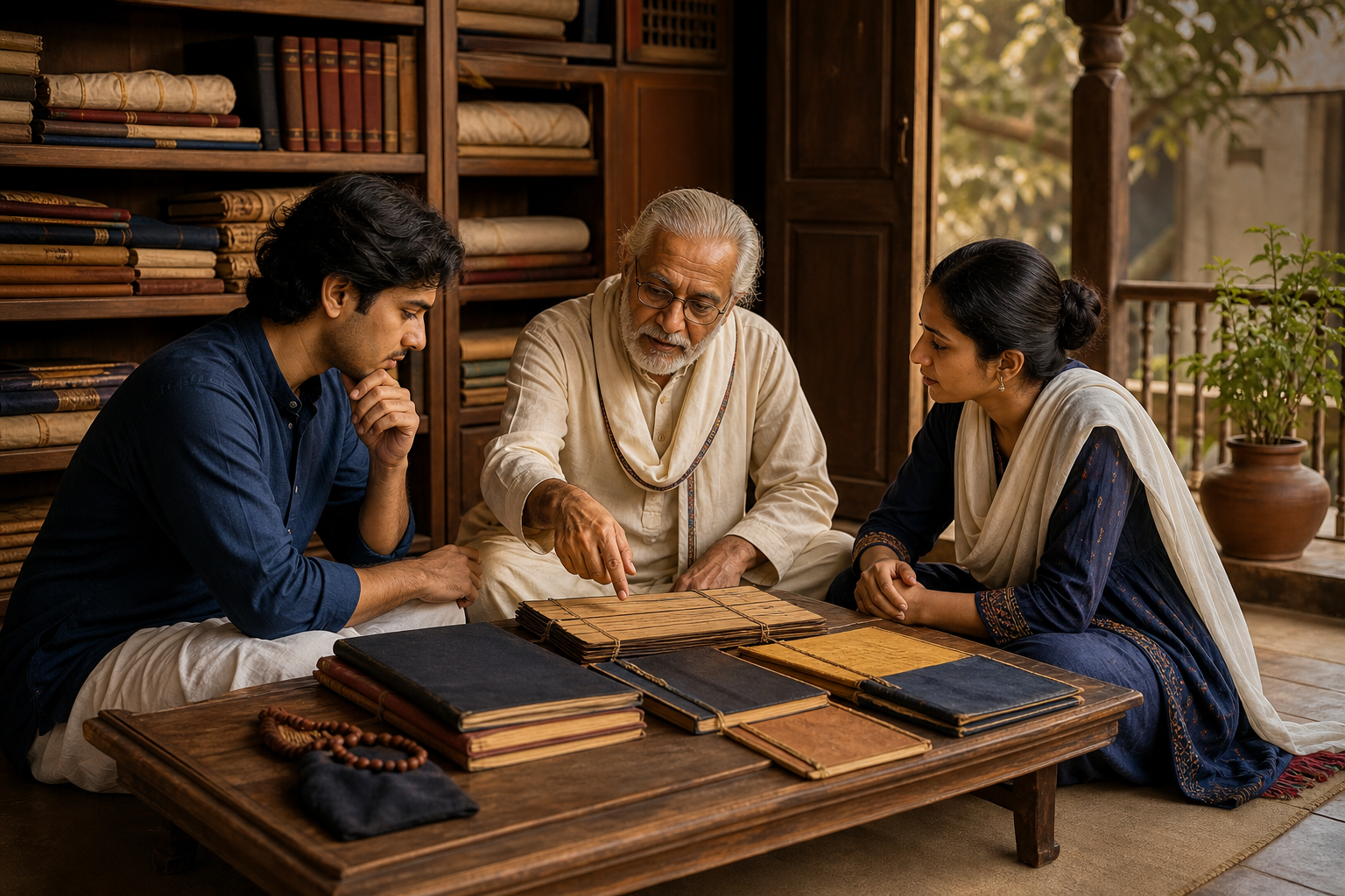 An elder and two younger practitioners study bound volumes and a preserved palm-leaf manuscript around a low table.
