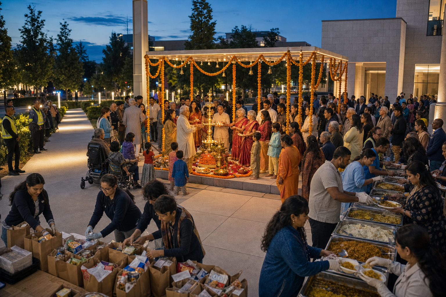 Families, elders, volunteers and visitors gather around a lamp-lighting ceremony, community meal and service project in a civic plaza at dusk.