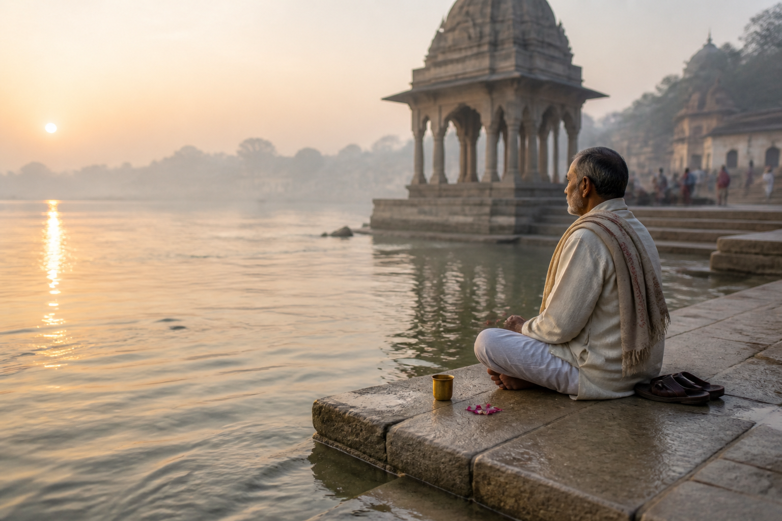A pilgrim sits quietly on stone steps beside a river near a small temple pavilion at sunrise.