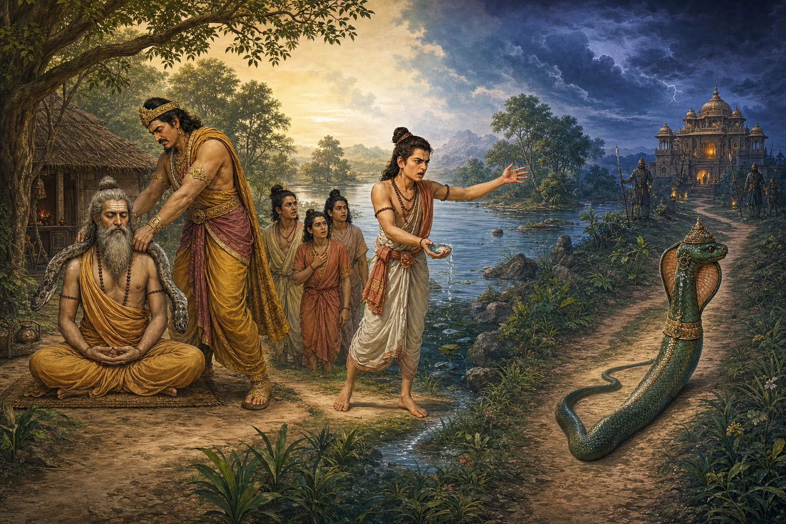 Three connected scenes show Parikshit insulting the meditating sage Shamika, Shringin declaring a curse, and Takshaka approaching the king's guarded pavilion.
