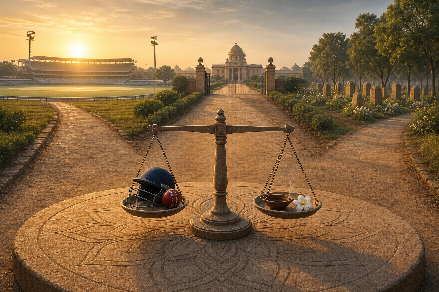 A stone balance holds cricket equipment opposite a memorial lamp and white flower beside three separate paths at sunrise.