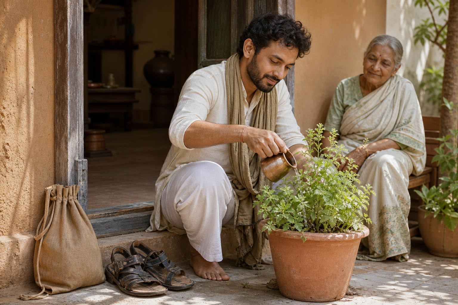 A returned pilgrim waters a tulsi plant in a home courtyard while a travel bag and sandals rest by the doorway.