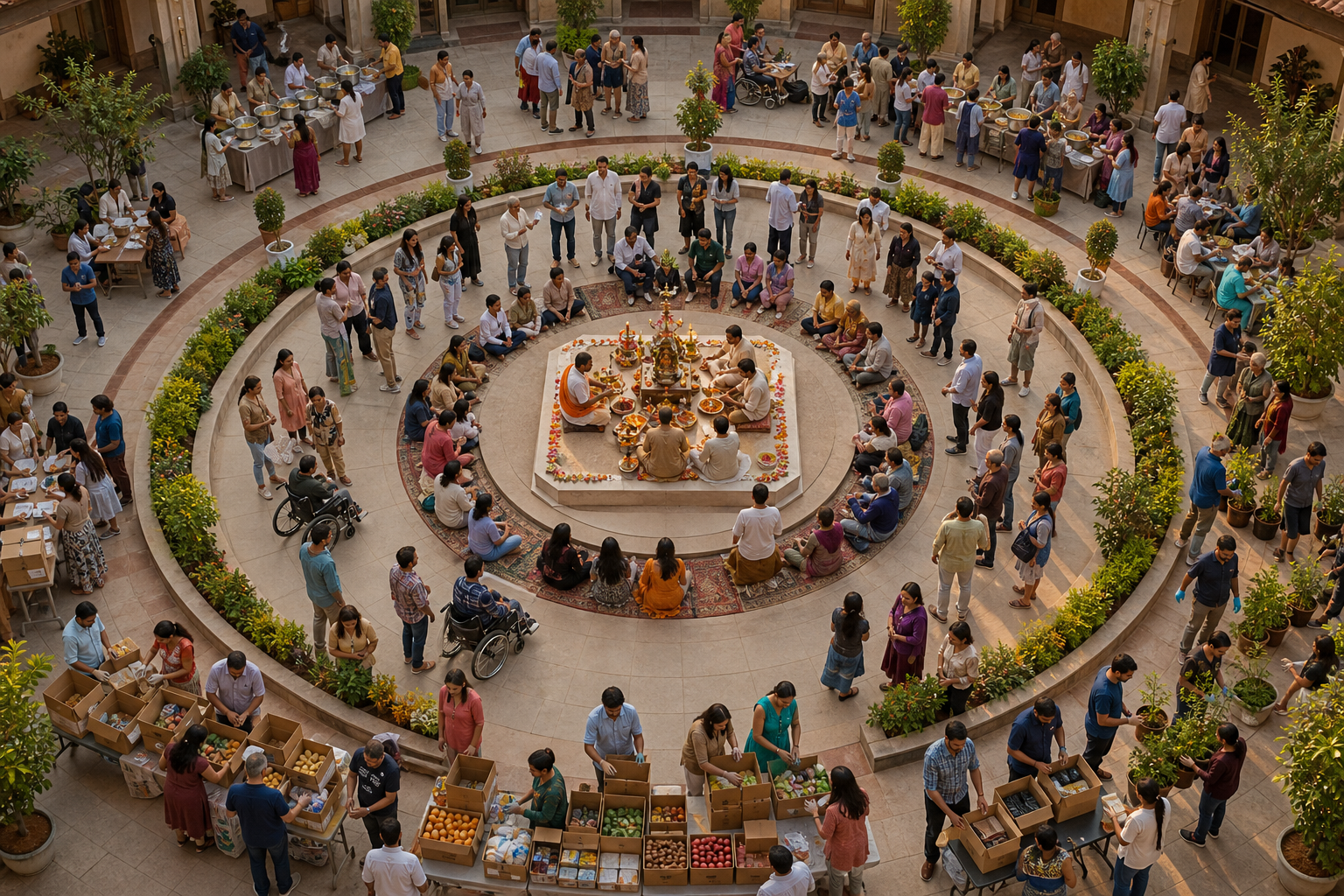 An overhead view shows a central lamp-and-flower ritual, a surrounding welcome area and an outer ring of meal service and community volunteering.