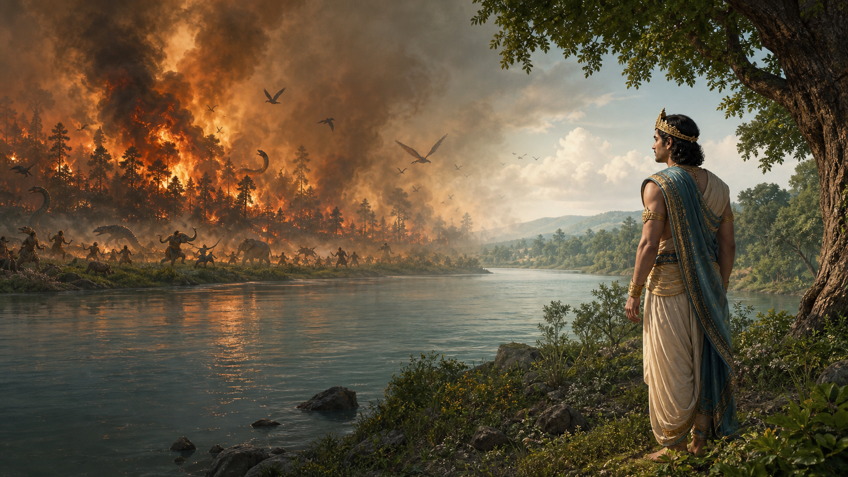 A river separates King Parikshit in a peaceful foreground from an earlier generation fleeing the burning Khandava forest in the distance.