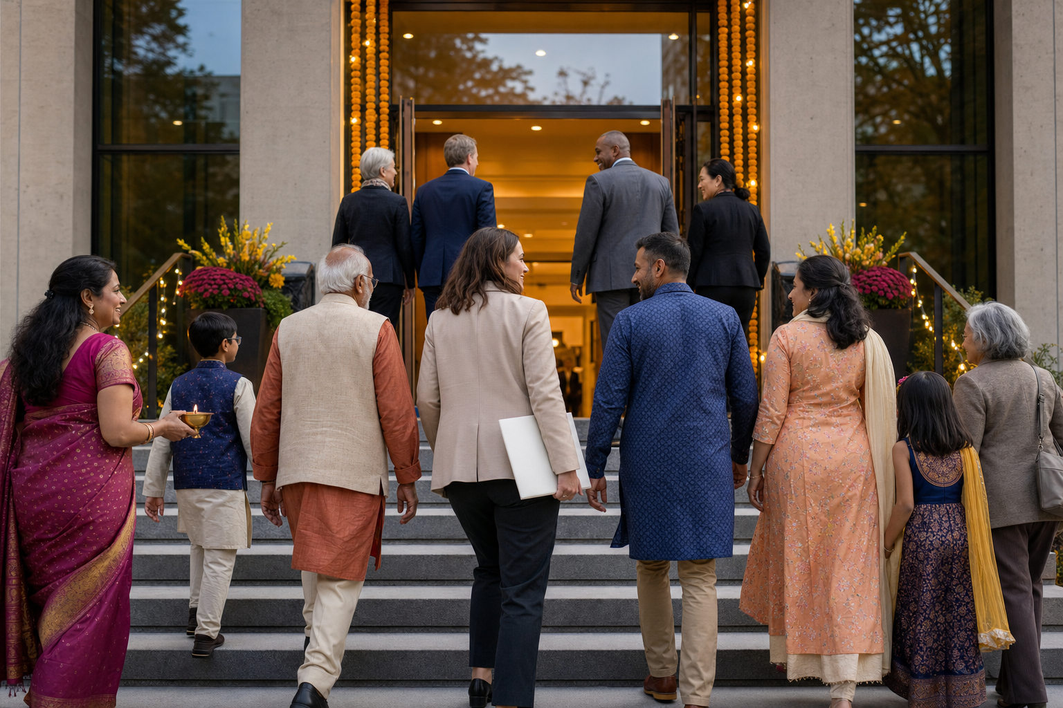 A multigenerational Hindu community group approaches an open municipal hall decorated with marigolds and glowing oil lamps.