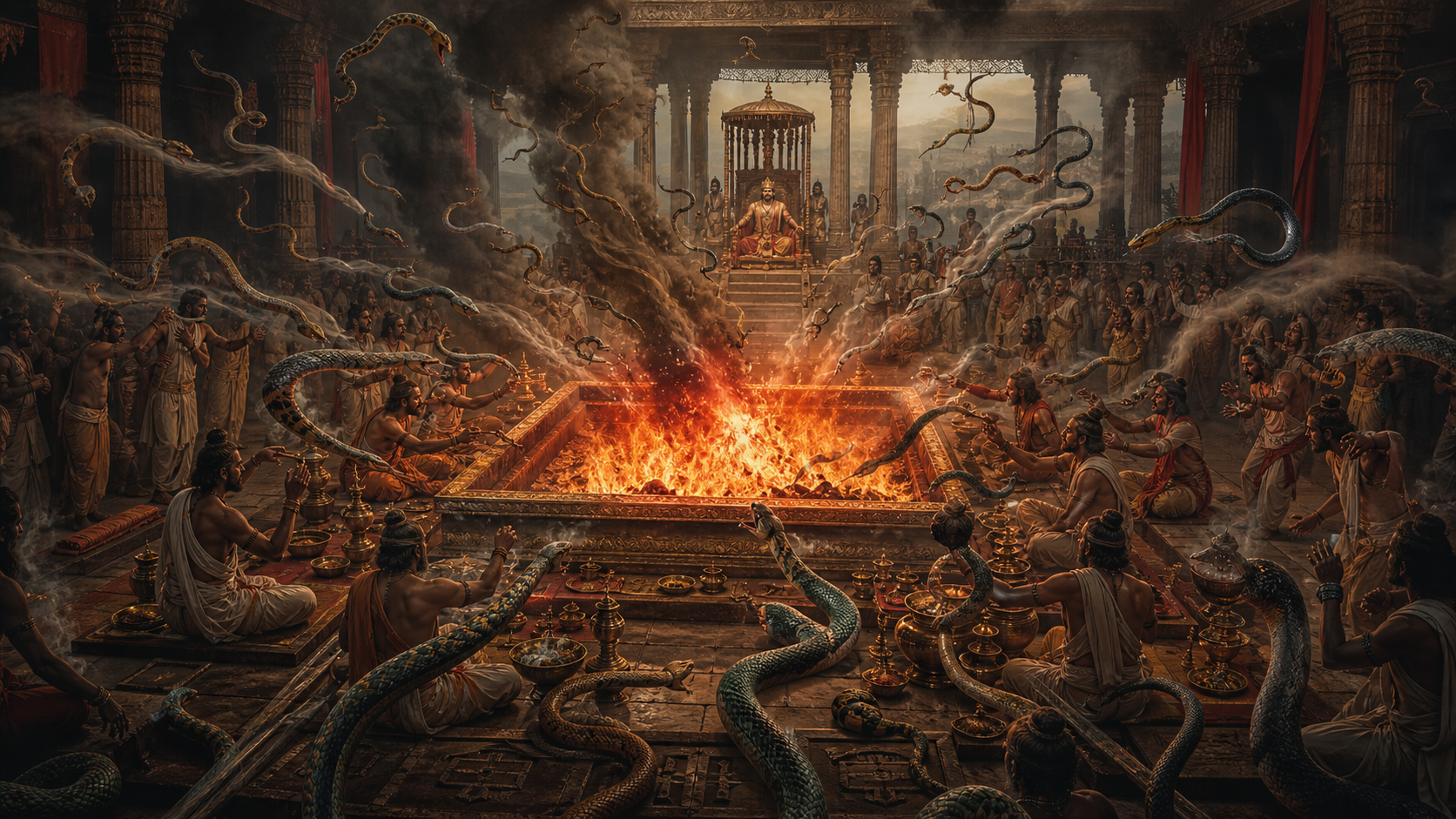 King Janamejaya watches priests conduct the Sarpa Satra as numerous serpents are pulled through smoke toward a large sacrificial fire.