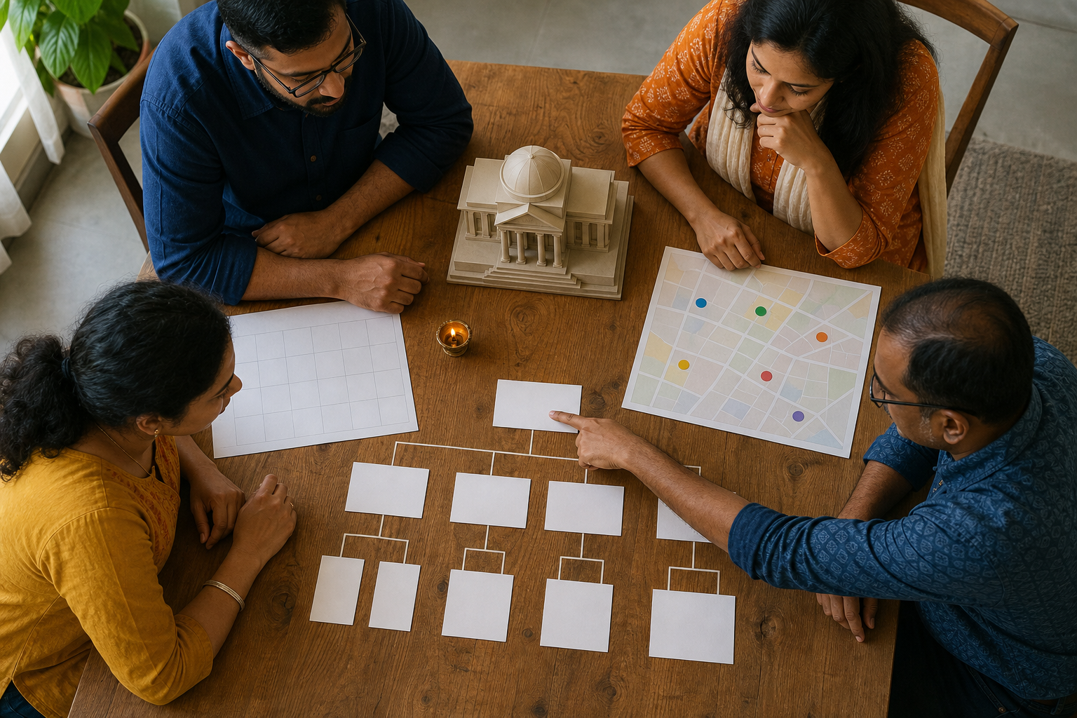 Four community volunteers select one blank action card beside a model city hall, an unmarked map, and a brass oil lamp.