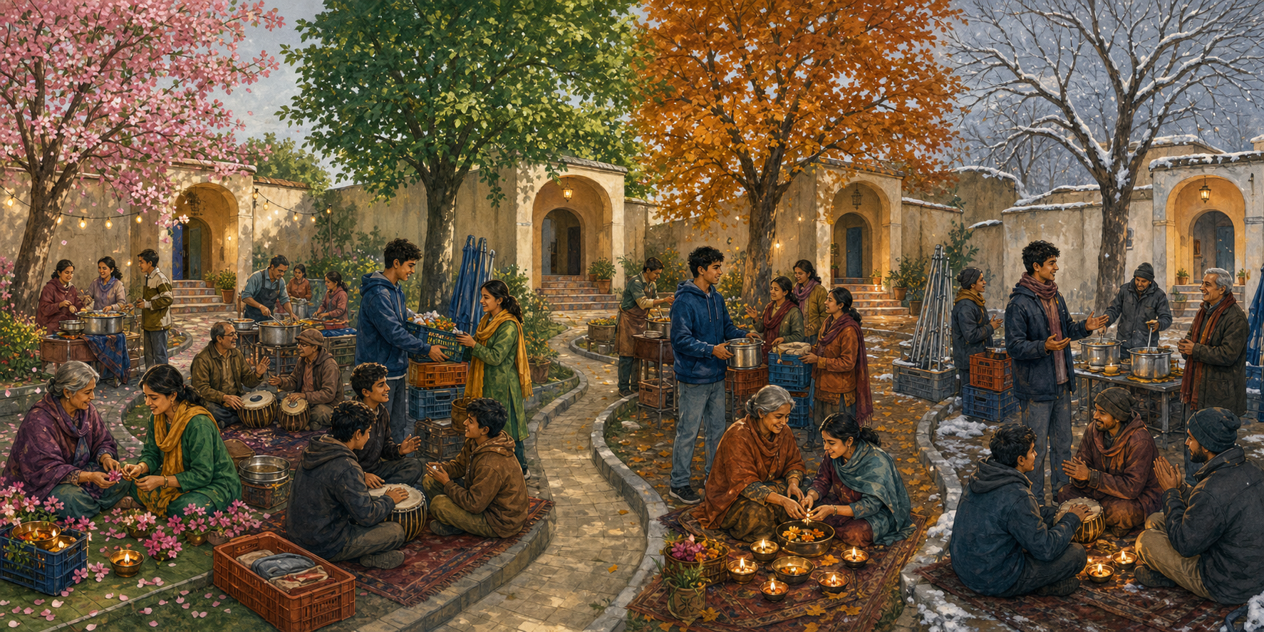 Four seasonal views of the same courtyard show community members repeatedly organizing rituals, meals, rehearsals and youth mentorship.