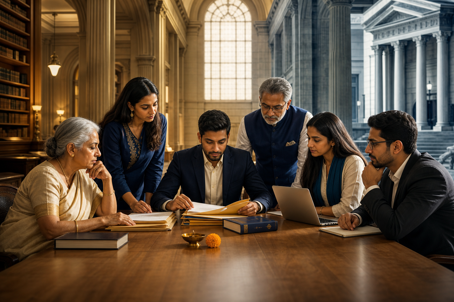 Hindu diaspora advocates organize evidence around a table in an atrium combining university and courthouse architecture.