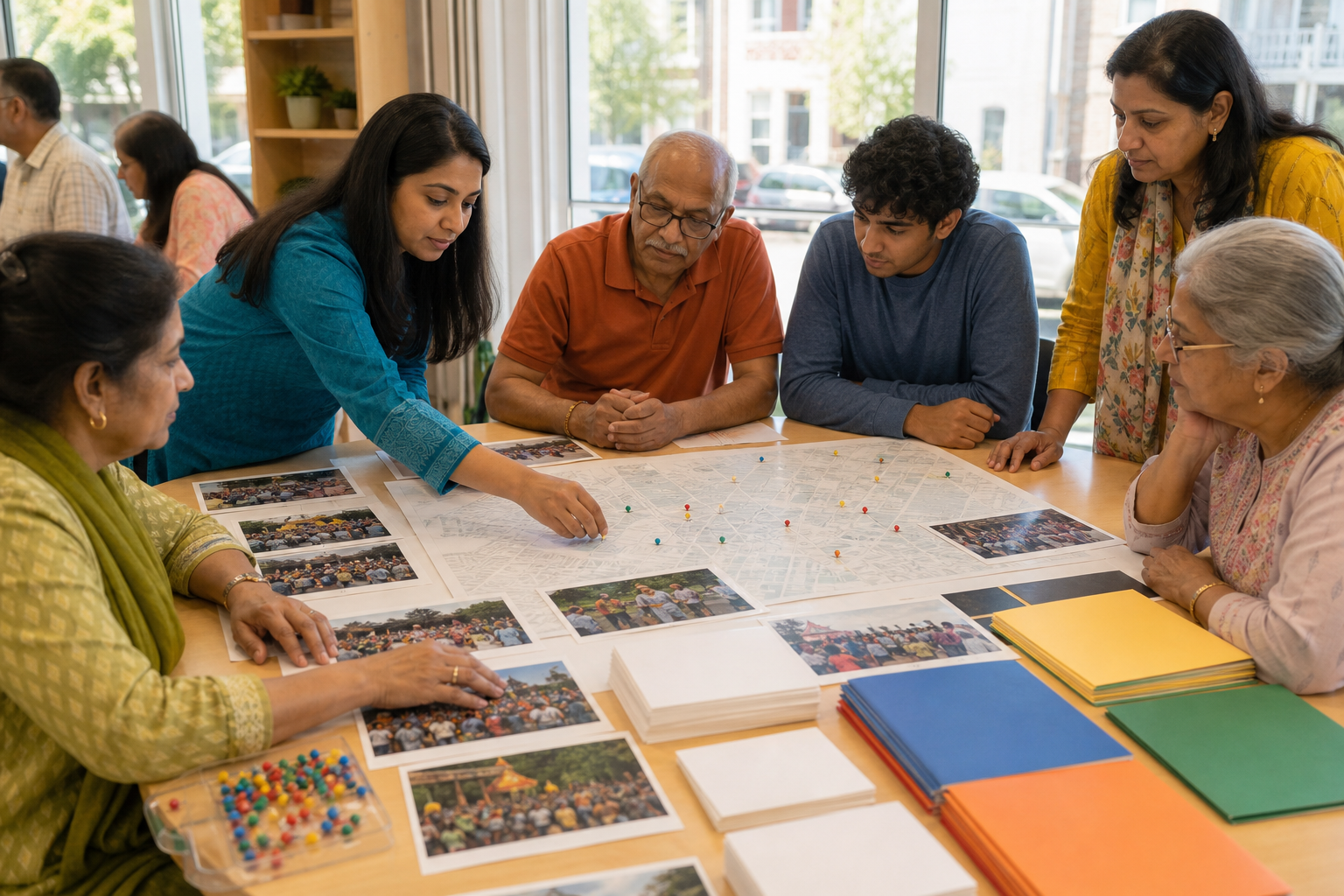 Hindu community volunteers organize blank fact cards, event photographs, and markers around an unlabeled neighborhood map.