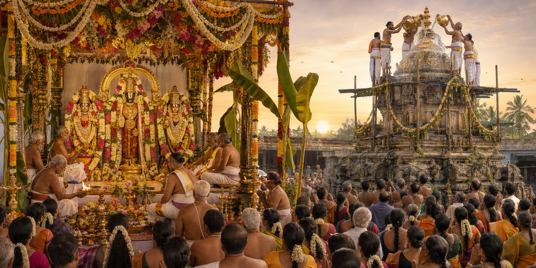 Srinivasa Kalyanam in a community pavilion appears beside a Venkateswara temple consecration with priests pouring sanctified water over the tower.