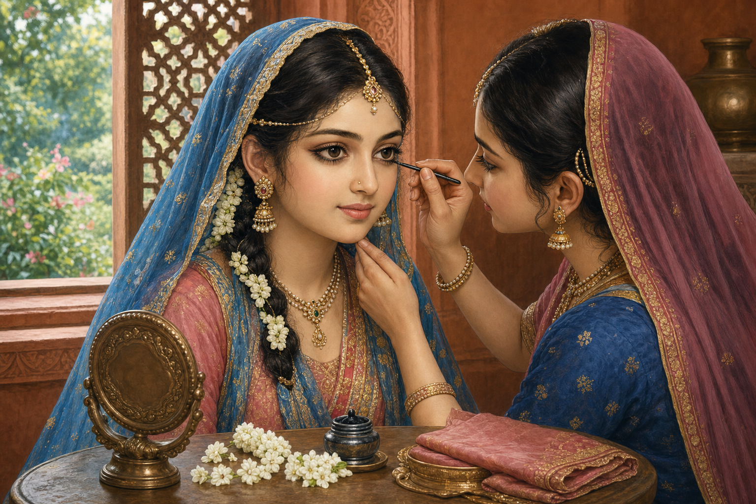 A companion applies black kajal beneath Radha's eye beside a bronze mirror and jasmine flowers.