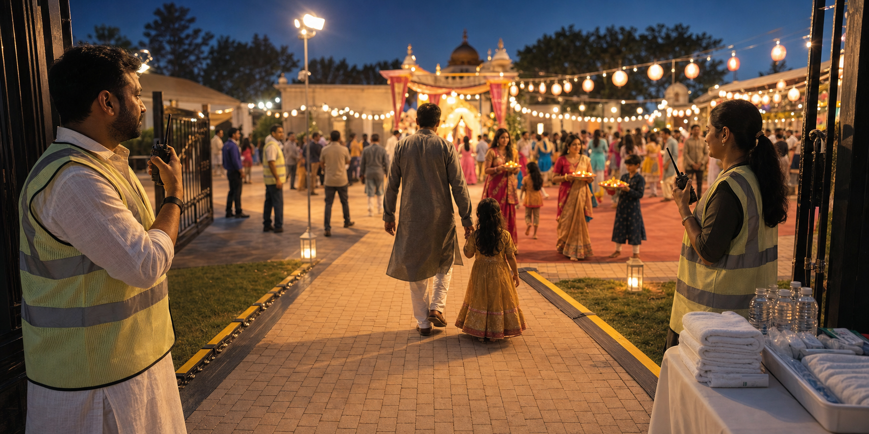 Community stewards watch illuminated entrances and accessible paths while families celebrate inside a protected outdoor festival space.