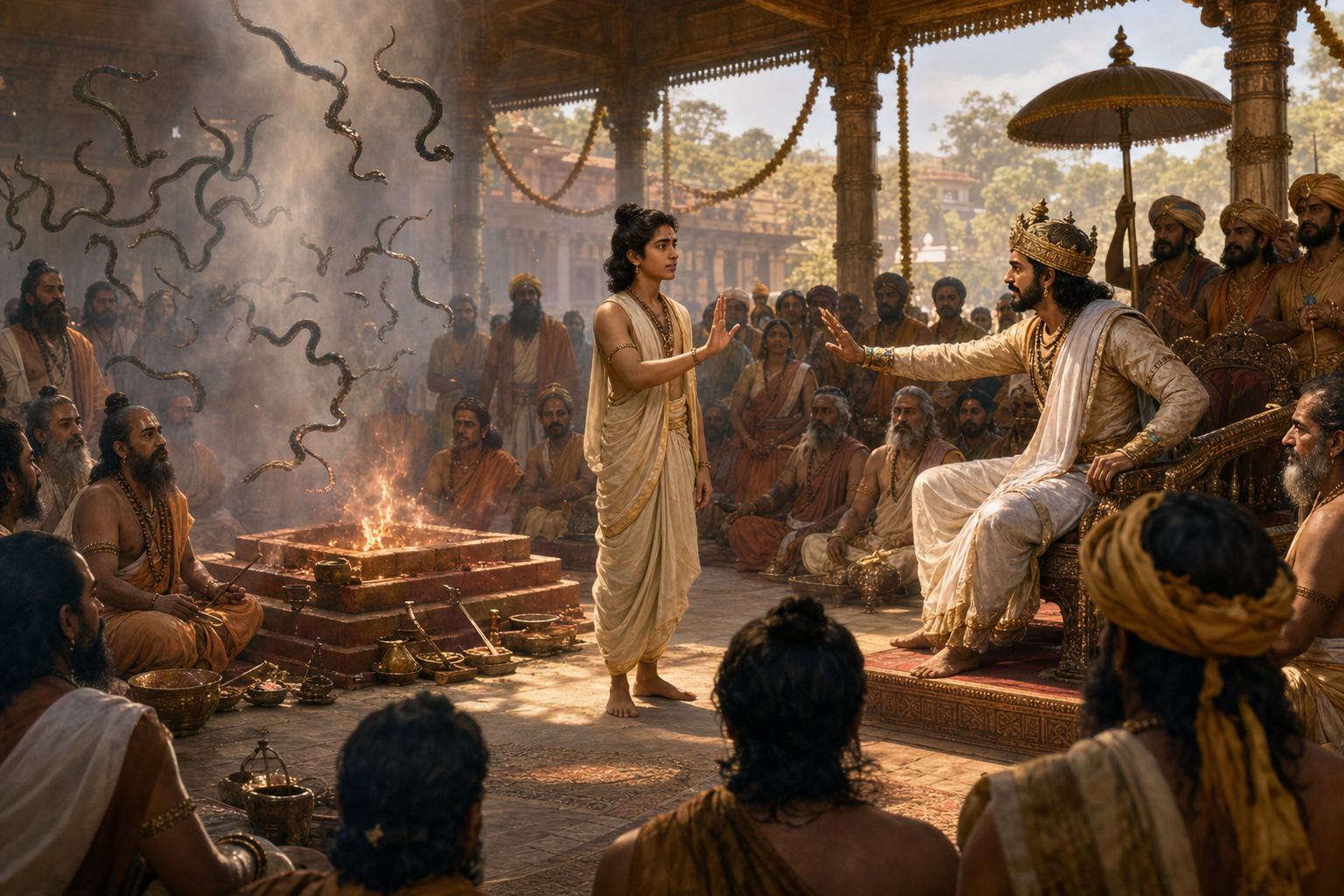 The sage Astika appeals to King Janamejaya, who raises his hand to halt the serpent sacrifice as the priests and flames subside.