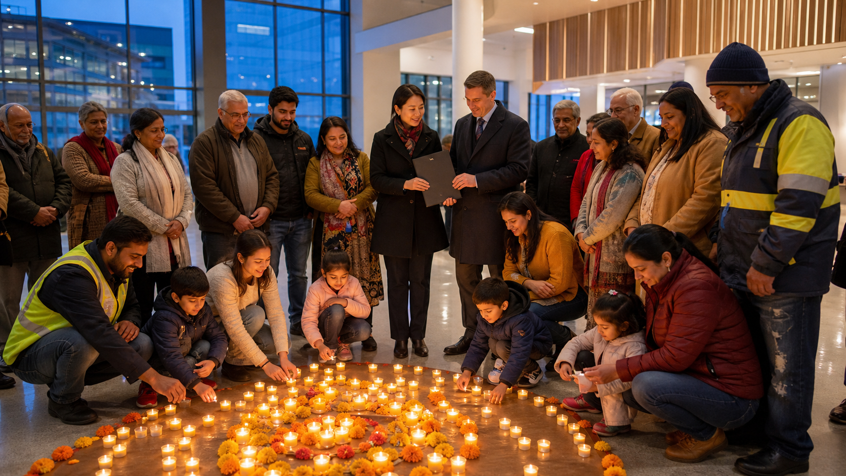 Residents and municipal staff gather around glowing Diwali lamps and marigold flowers in a city hall atrium.