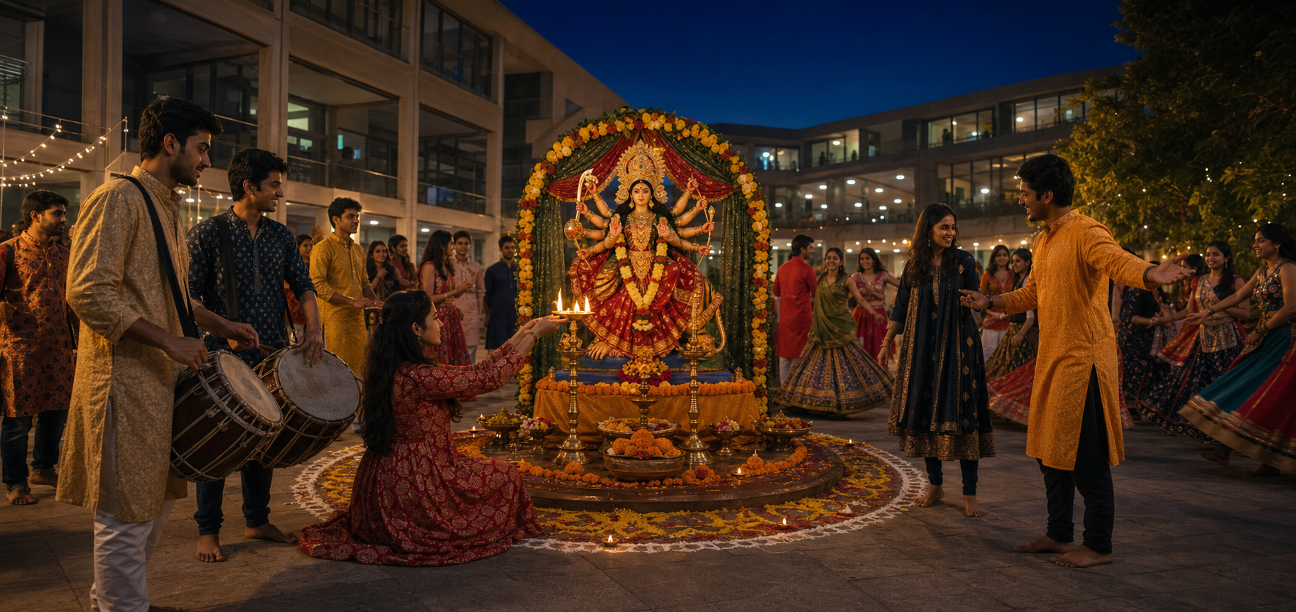 Young adults lead a Navaratri gathering around a flower-covered Devi altar, with worship, music, welcoming, and Garba dancing in a university courtyard at twilight.