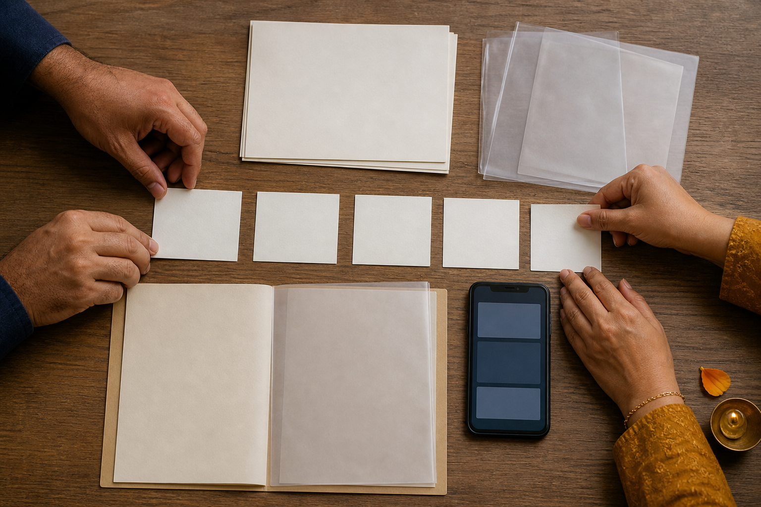 Hands arrange document pages, evidence cards, a smartphone, and archival sleeves on a library table.