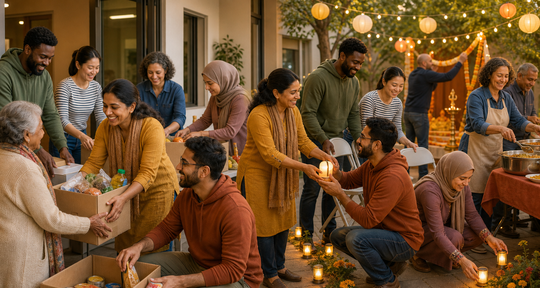 The same group of neighbors works together on grocery relief in one scene and prepares a public cultural festival in the other.