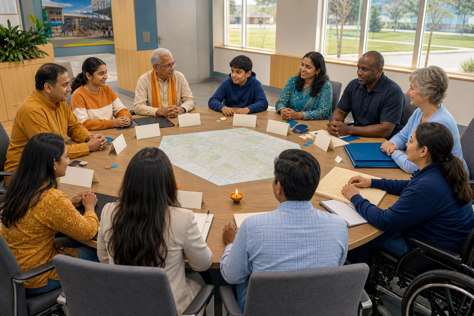 Hindu residents and municipal representatives participate in a roundtable with blank agenda cards, an unlabeled map, and a small oil lamp.