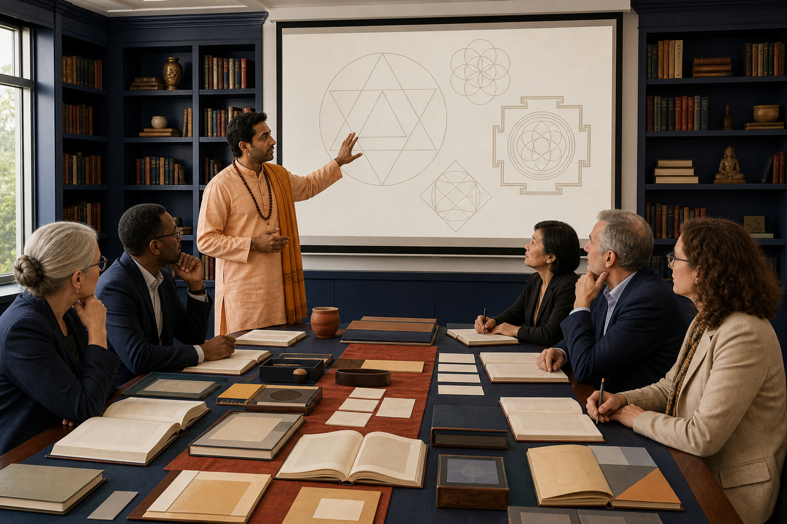 A Hindu scholar presents documents to a diverse faculty panel during a formal university roundtable.