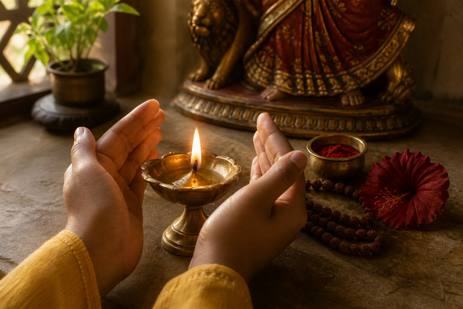 A young person's hands protect the flame of a brass oil lamp beside flowers, kumkum, prayer beads, and a softly focused Devi murti.